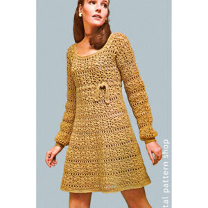 1960s Empire Dress Crochet Pattern, Long Sleeve Mini Dress