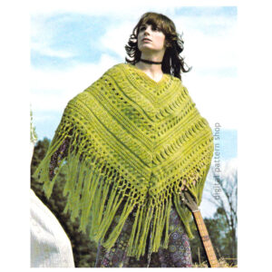 1970s Aran Poncho Knitting Pattern for Women, V-Neck Fringe