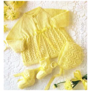 Baby Raglan Coat Knitting Pattern, Arrowhead Bonnet, Bootees