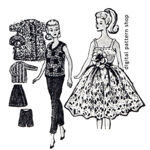 60s Barbie Doll Knitting Pattern, Lacy Dress, Coat, Fashion Doll