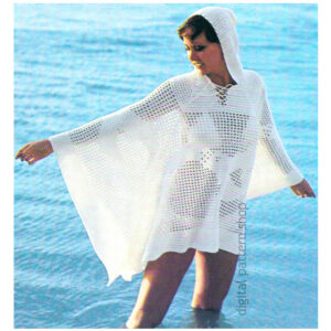 70s Hooded Beach Poncho Crochet Pattern, Filet Crochet Design