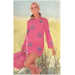 70s Flower Beach Dress Crochet Pattern, Long Sleeve Mini Dress