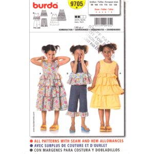 Burda 9705 Girls Tiered Dress, Ruffle Top, Capri Pants Pattern