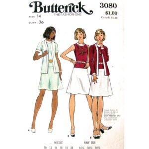 70s Jacket, Drop Waist Dress Pattern Butterick 3080 Size 14