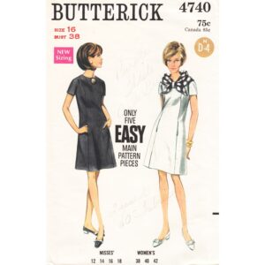 60s A-Line Dress Pattern Butterick 4740 Short Sleeve Bust 38