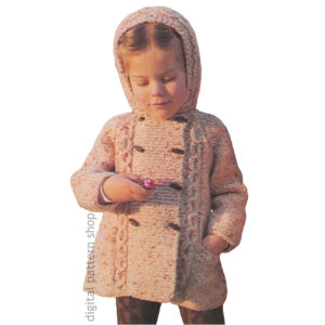 70s Toddler Duffle Coat Knitting Pattern, Hooded Raglan Sweater