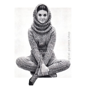 60s Knitting Pattern Hooded Cowl, Sweater, Stockings for Women