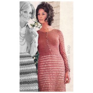 70s Buttoned Dress Crochet Pattern, Mesh Sleeve and Skirt PDF