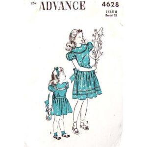 Girls 40s Puff Sleeve Dress Pattern Advance 4628 Round Yoke