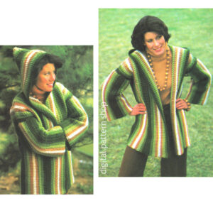 70s Hooded Jacket Crochet Pattern, Striped Open Sweater