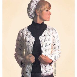70s Flower Motif Jacket Crochet Pattern, Beret Hat, Cardigan