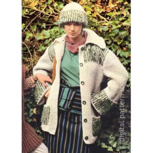 70s Bulky Jacket and Hat Knitting Pattern, Button Up Sweater