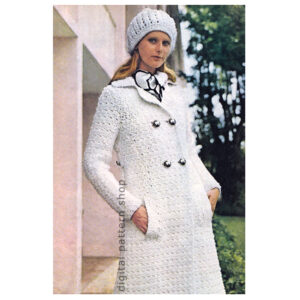 70s Double Breasted Long Coat, Hat Crochet Pattern for Women