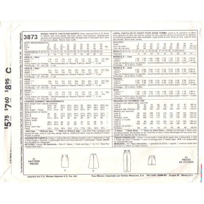 M3873 pants and skirt pattern