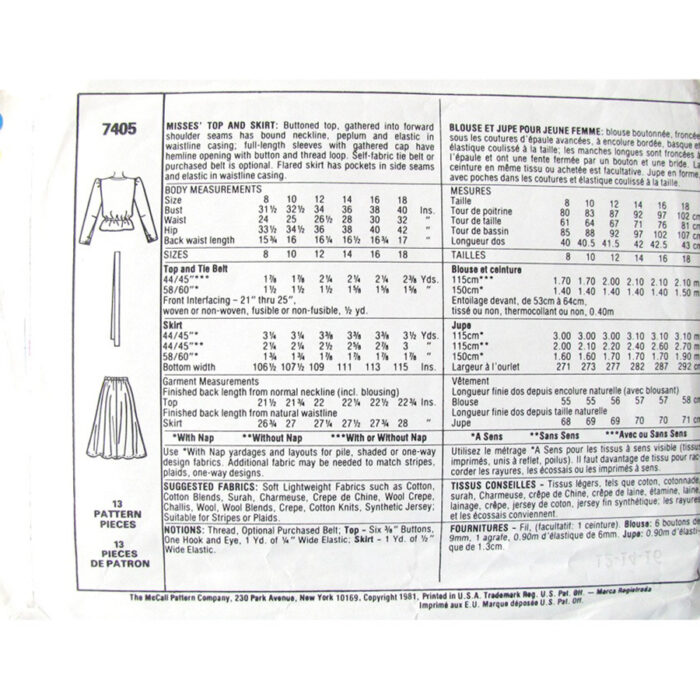 M7405 blouse and skirt pattern