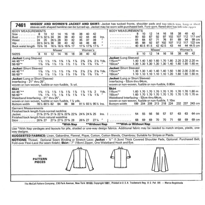 M7461 jacket and skirt pattern