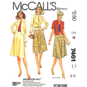 80s Open Jacket, Flared Skirt Pattern McCall’s 7461 Size 16