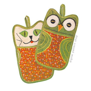 60s Owl and Cat Potholder Digital Sewing Pattern Hot Mitts
