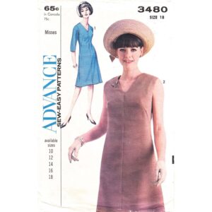 60s Vintage V-Neck Dress Pattern Advance 3480 Size 18