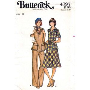 70s Vintage Pullover Top, Skirt, Pants Pattern Butterick 4797