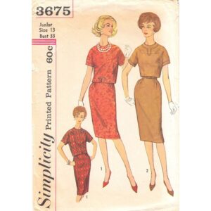 60s Back Button Top, Slim Skirt Pattern Simplicity 3675 Jr Sz 13
