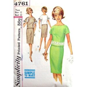 60s Back Button Blouse, Skirt Pattern Simplicity 4761 Jr Size 12