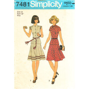70s Cap Sleeve Top, Flared Skirt Pattern Simplicity 7481 B36
