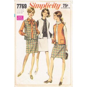 60s Vest, Blouse Tie Collar, Skirt Suit Pattern Simplicity 7769