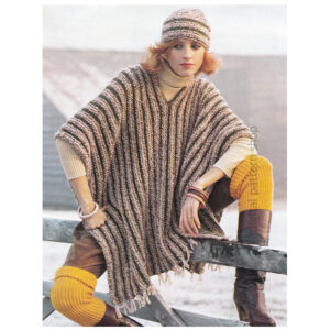 Blanket Poncho Knitting Pattern, Striped Fringed Cape and Hat