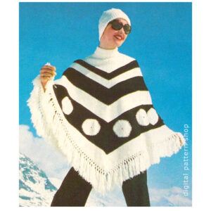 70s Striped Poncho Crochet Pattern, Knit Turtleneck Collar