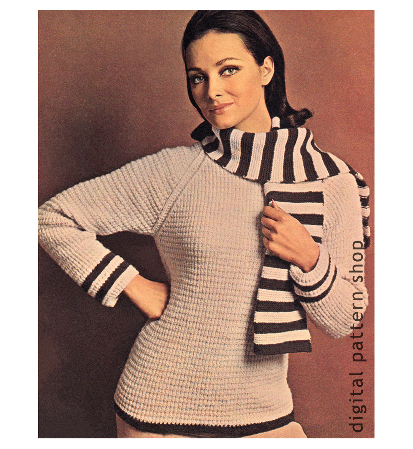 Raglan sweater and scarf knitting pattern K30