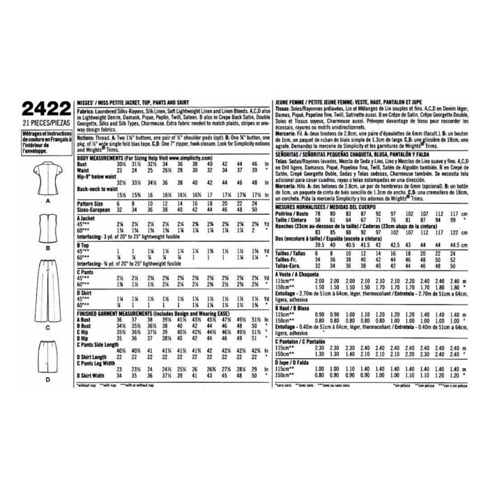 S2422 jacket top pants pattern