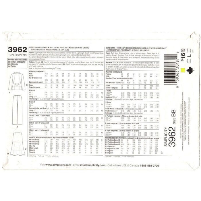 S3962 jacket skirt pants pattern