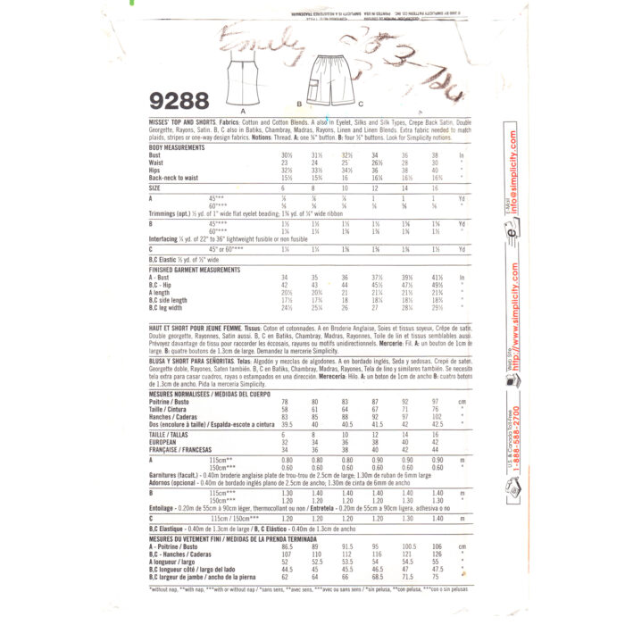 S9288 top and shorts pattern