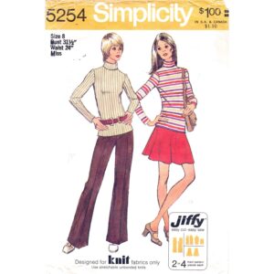 70s Back Zip Top, Flared Mini Skirt, Pants Pattern Simplicity 5254