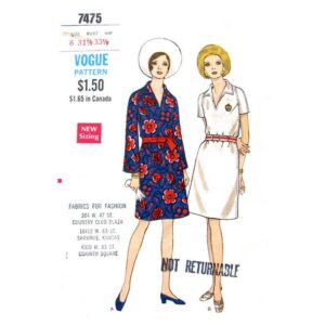60s Casual Dress Sewing Pattern Vogue 7475 Shirtdress
