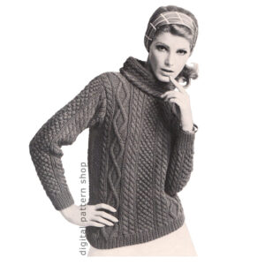 70s Aran Cable Sweater Knitting Pattern for Women Cowl Neck