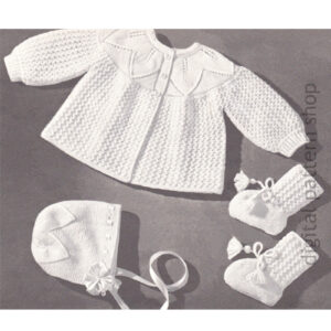 70s Baby Leaf & Lace Sweater Set Knitting Pattern, Bonnet, Booties