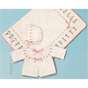 60s Baby Rosebud Set Crochet Pattern, Sweater Bonnet Blanket