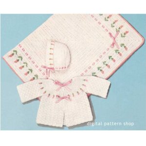 60s Baby Rosebud Set Crochet Pattern, Sweater Bonnet Blanket