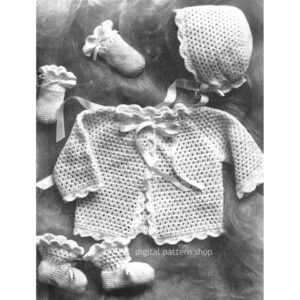 Baby Sweater Set Crochet Pattern, Hat Mitts Booties Shell Trim