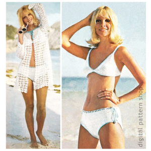 70s Bikini and Jacket Crochet Pattern, Mesh Beach Cover