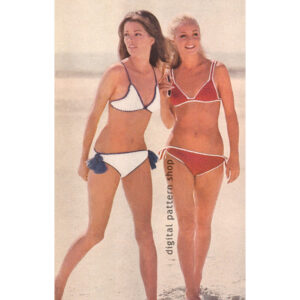1970s Bikini Crochet Pattern, Contrast Trim Top, Tied Bottoms