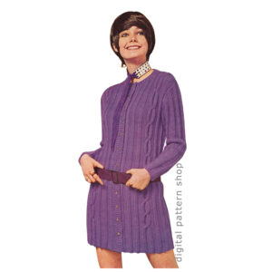 70s Mod Dress Knitting Pattern, Cable Cardigan Sweater Dress
