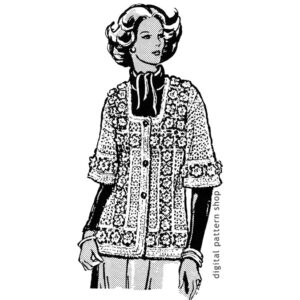 70s Rose Motif Jacket Crochet Pattern, Square Neck Sweater