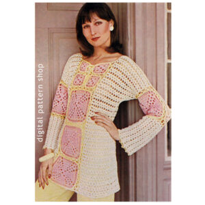 70s Granny Square Tunic Crochet Pattern, Bell Sleeve Top