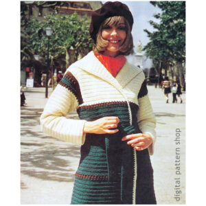 70s Long Wrap Coat Crochet Pattern, Shawl Collar Sweater