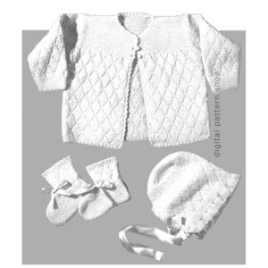 40s Baby Knitting Pattern Diamond Sweater, Hat, Booties Layette