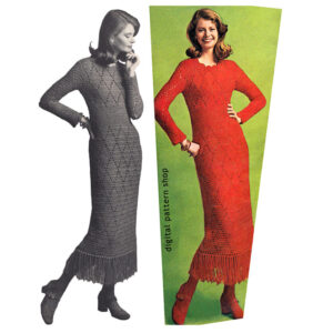 70s Crochet Dress Pattern, Filet Diamond Fringe Hem Dress