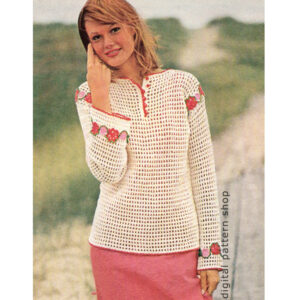 Vintage Flower Trim Filet Crochet Top Pattern, Mesh Sweater PDF